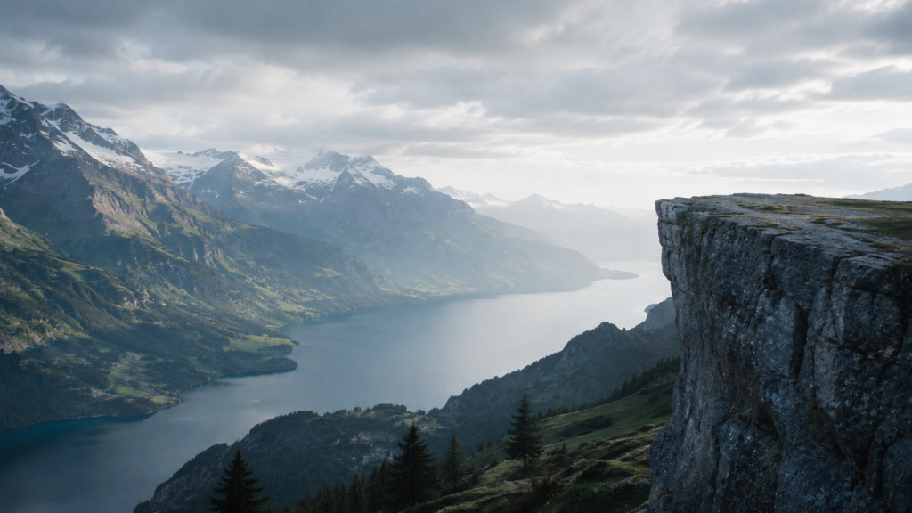 Panoramic view of a Swiss alpine lake and mountain landscape symbolising trust, independence and long-term perspective in wealth advisory.